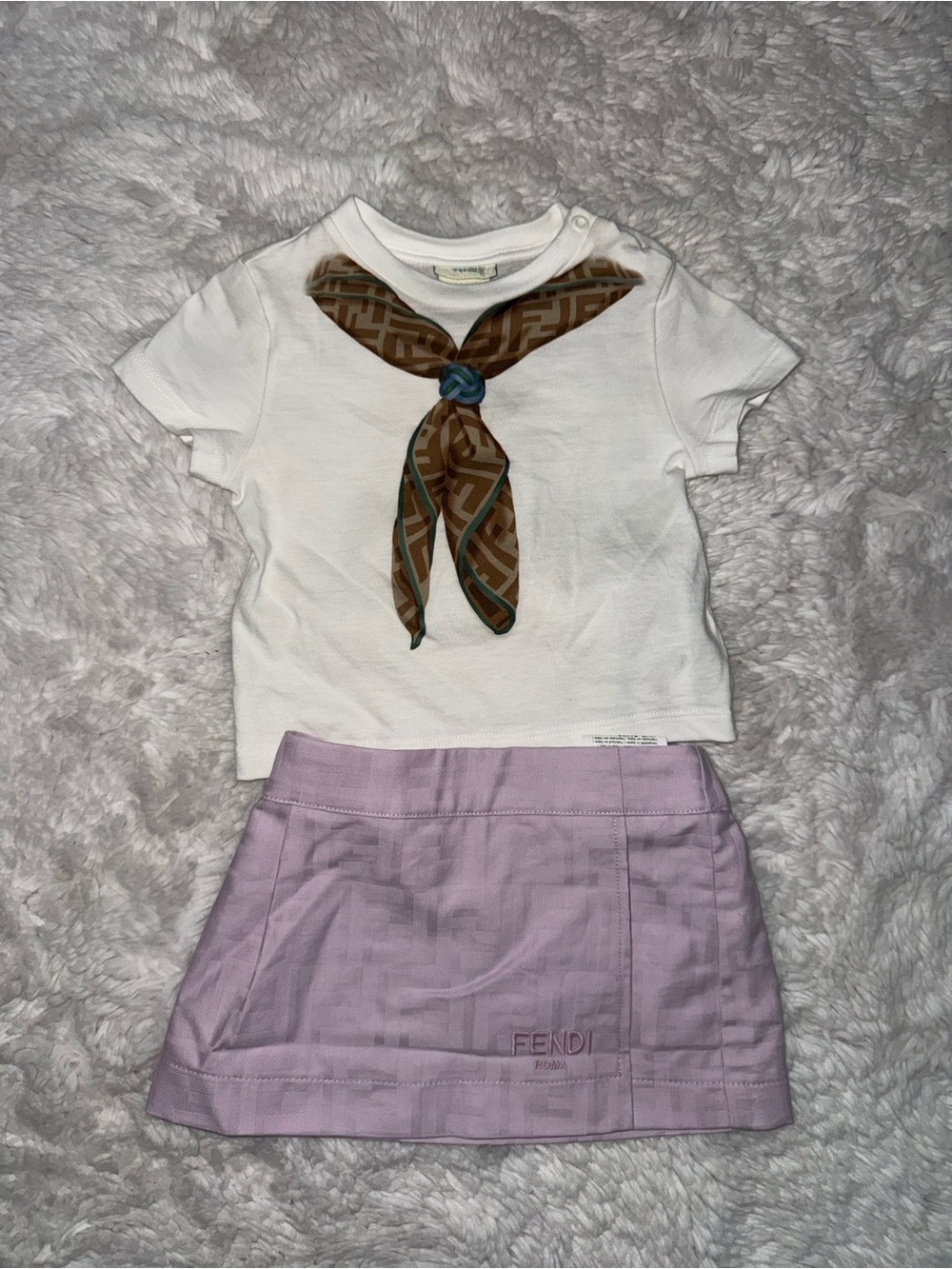 Fendi Kids White Tee with Brown Scarf Detail & Lavender Skirt 03 month